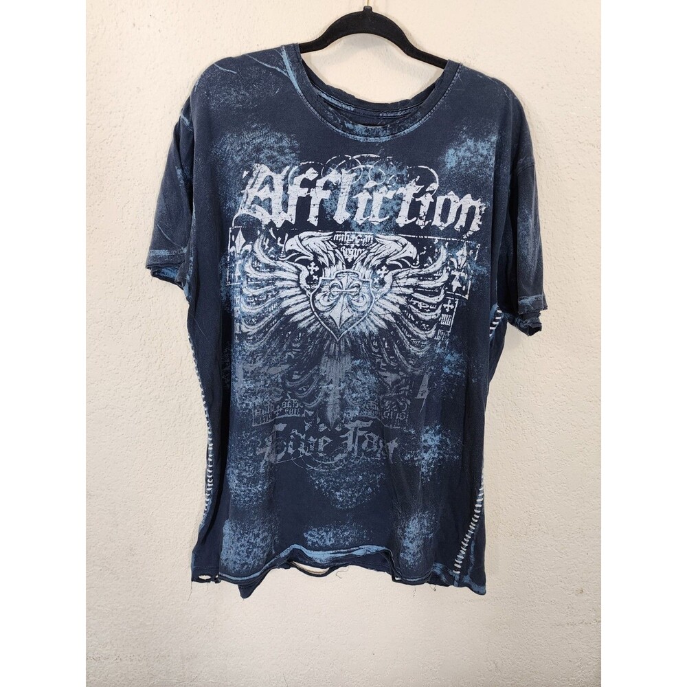 AFFLICTION Mens 2XL Blue Wash Distressed T-Shirt Skull Wings Cross Whipstitch